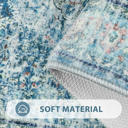 Uphome Bathroom Rugs Runner, Distressed Farmhouse Boho Light Blue Bath Mat, Non Slip Washable Long Bath Rugs, Vintage Traditonal Soft Velvet Bathroom Runner for Bathtub Sink Shower, 18x47 inch