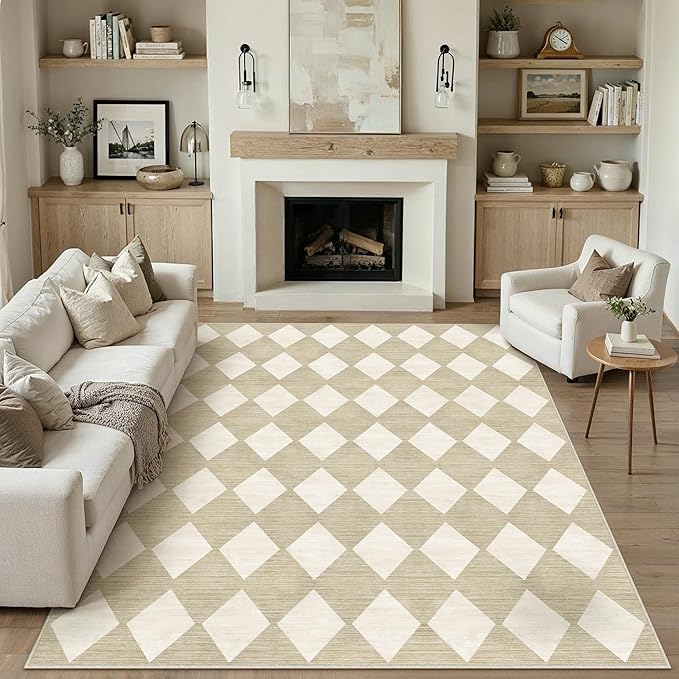8x10 Checkered Area Rugs for Living Room Beige Machine Washable Large Rug Non-Slip Stain Resistant Low Pile Boho Accent Indoor Throw Carpet for Bedroom Dining Room Home Aesthetic Decor