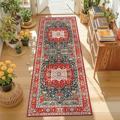 Enkor Runner Rugs for Hallway, 2x6 Washable Soft Boho Non Slip Floor Rugs for Kitchen, Modern Mat for Living Room Bedroom Entryway Red & Blue