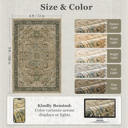 Moody 6x9 Area Rugs for Living Room, Low Pile Thin Washable Non Slip Rugs for Bedroom Dining Room, Vintage Medallion Distressed Carpet for Home Office Guest Room, Multi Brown/Slate Green