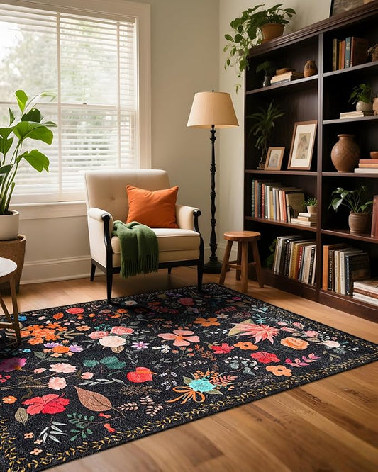 Boho Washable Area Rug 4x6 – Floral Low Pile Non-Slip Carpet for Living Room, Bedroom, Office, Playroom, Entryway, Kitchen, Dining Room (Black)