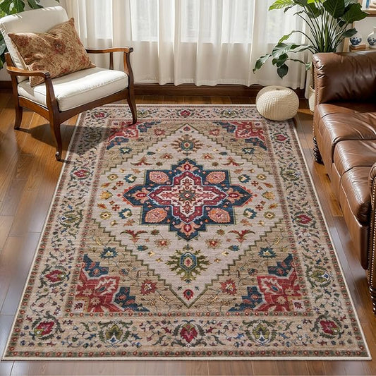 Tangsoo 3x5 Washable Rug, Vintage Rugs Indoor Area Rugs, Boho Non Slip Accent Rug Carpet, Soft Low Pile Rugs for Living Room Dorm Bedroom Bedside Entryway Bathroom Home Decor Beige