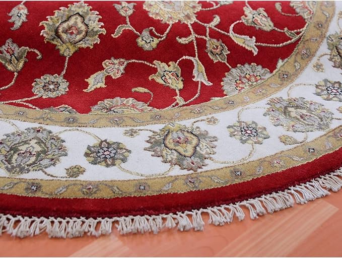 Exotic Red Hand Knotted All Over Leaf Pattern Wool and Silk Rajasthan Design Round Rug (6'x6')