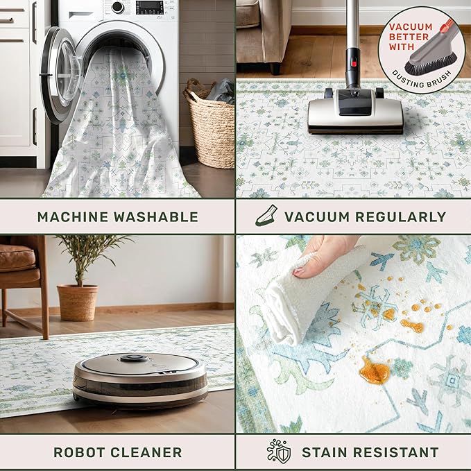 Washable Oushak 2x6 Bathroom Runner Rug, Eclectic Boho Floral Pastel, Non Slip Low Pile Stain Resistant Small Throw Rug for Bedroom, Laundry Room, Powder Room, Cream Green