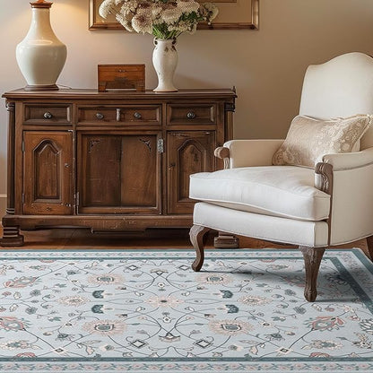 EVERGRACE Area Rugs for Living Room 4x6, Boho Floral Faux Wool Indoor Outdoor Rugs, Washable Rugs for Bedroom Entryway Dining Room Hallyway, Low Pile Floor Mat Carpet for Home Decor, Pale Blue