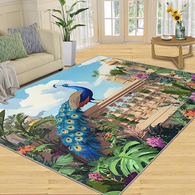 Peacock Rugs for Living Room - 5x6 Rug, Tropical Palm Leaves Area Rugs for Bedroom, Peacock Decor Rug, Floral Animal Washable Carpet, Peafowl Carpet - Peafowl Home Decor & Gifts