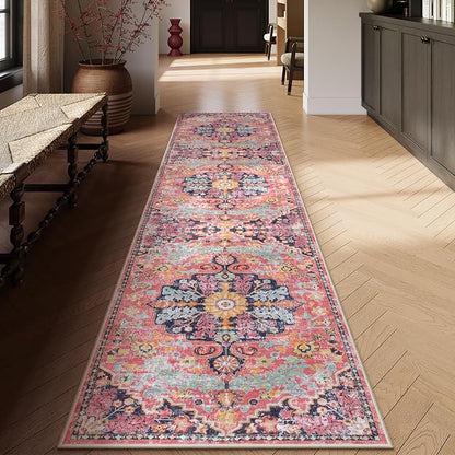Lahome Boho 2'8"x10' Washable Hallway Kitchen Runner Rugs with Rubber Backing, Bohemian Non-Slip Soft Kitchen Runners, Non-Shedding Faux Wool Stair Carpet Runner for Hall Bathroom, Fuchsia/Multi