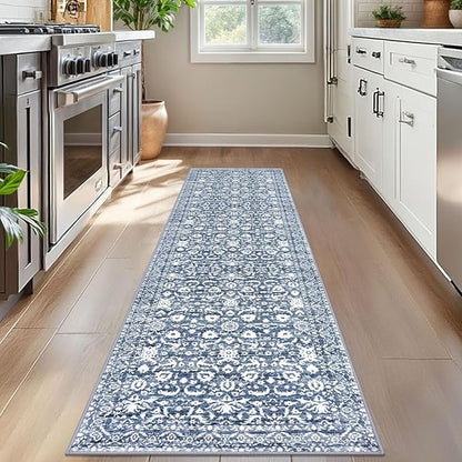 Vintage Floral 2x7 Runner Rug, Light Blue White Washable Bedroom Runner Rug Non-Slip Hallway Kitchen Runner Super Soft Thin Printed Faux Wool Carpet for Entryway Bedroom Laundry Room Indoor