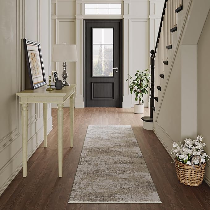 Modern Abstract Beige Gray Area Rug 2x8 Hallway Runner Machine Washable Carpet Bathroom Kitchen Indoor Accent Throw Low Pile Non Slip Distressed Laundry Living Dining Room Bedroom Office