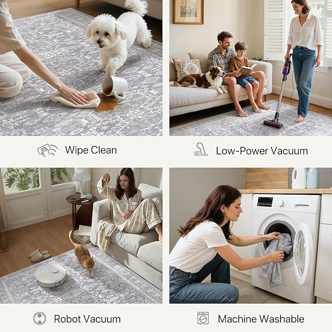 Bavni Washable Runner Rug 2’6”x8’, Non Slip Vintage Hallway Runner, Ultra Thin Low Pile Washable Carpet for Kitchen Entryway Bedroom, Grey