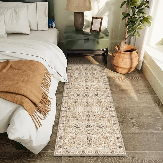 2'x6' Washable Runner Rug Utral Soft Lightweight Vintage Boho Distressed Non-Slip Backing,Low Pile Stain Resistant Farmhouse Rug for High-Traffic Hallway, Kitchen & Laundry