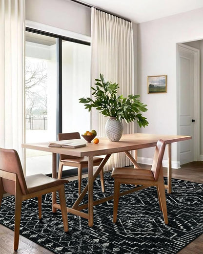 Wonnitar Moroccan 6x9 Area Rugs, Washable Black Rugs for Living Room, Large Soft Bedroom Throw Rug, Non-Slip Stain Resistant Thin Boho Floor Carpet for Dining Room Home Office Decor (Black,6'x9')