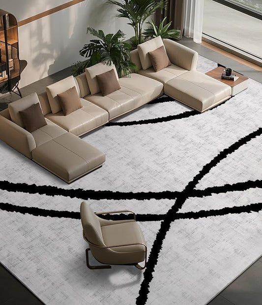 YIHOUSE Modern Area Rugs for Living Room, 8x10 Washable Black and White Rug, Thin Abstract Geometric Striped Rug, Area Rug for Bedroom,Kitchen,Dining Room,Office