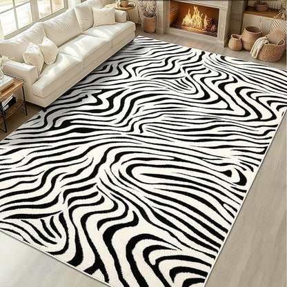 YIHOUSE 9×12 Ft Area Rugs for Living Room: Modern Washable Rug - Abstract Black and Cream White Rug for Bedroom Dining Room Office Playroom Nursery Home Decor - Nonslip Non-Shedding Striped Rugs