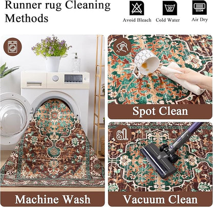 U'Artlines 3' x 20' Boho Hallway Runner Rug, Rust Non Slip Washable Vintage Farmhouse Accent Rug Carpet for Kitchen Entryway Laundry and Living Room (Rust＆Teal)