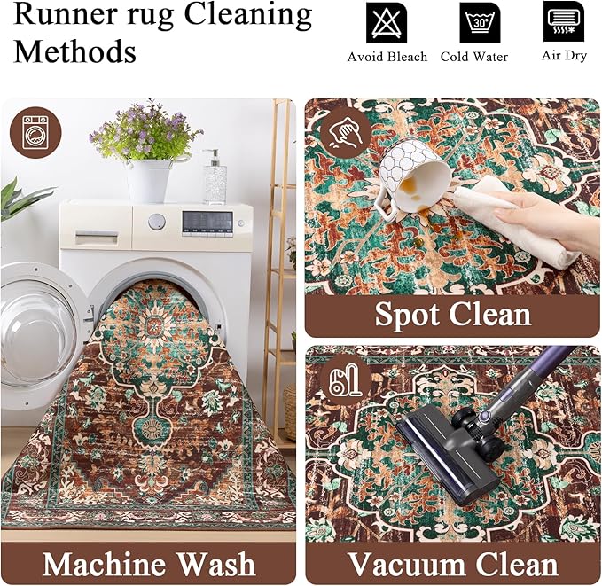U'Artlines 3' x 16' Boho Hallway Runner Rug, Rust Non Slip Washable Vintage Farmhouse Accent Rug Carpet for Kitchen Entryway Laundry and Living Room (Rust＆Teal)