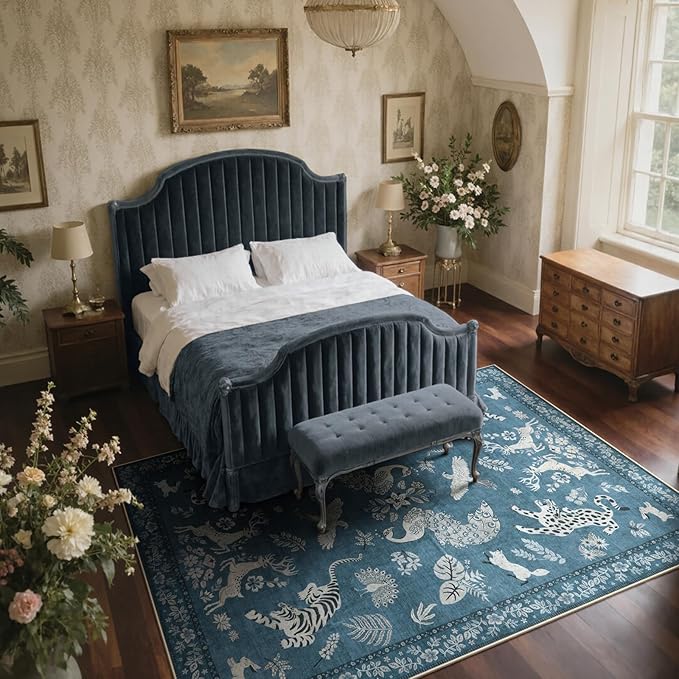 Moynesa Animal Area Rugs 5x7, Washable Luxurious Vintage Boho Blue Area Rug for Bedroom Living Room Dining Room Office Playroom, Farmhouse Low Pile Soft Non-Slip Carpets for Indoor