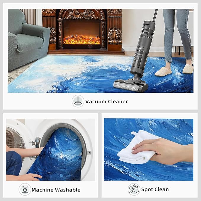 Japanese Ocean Rugs for Bedroom - 5x6 Area Rug - Ukiyo-E Ocean Waves Rugs for Living Room, Abstract Oil Painting Ocean Rug, Washable Home Decor Carpet