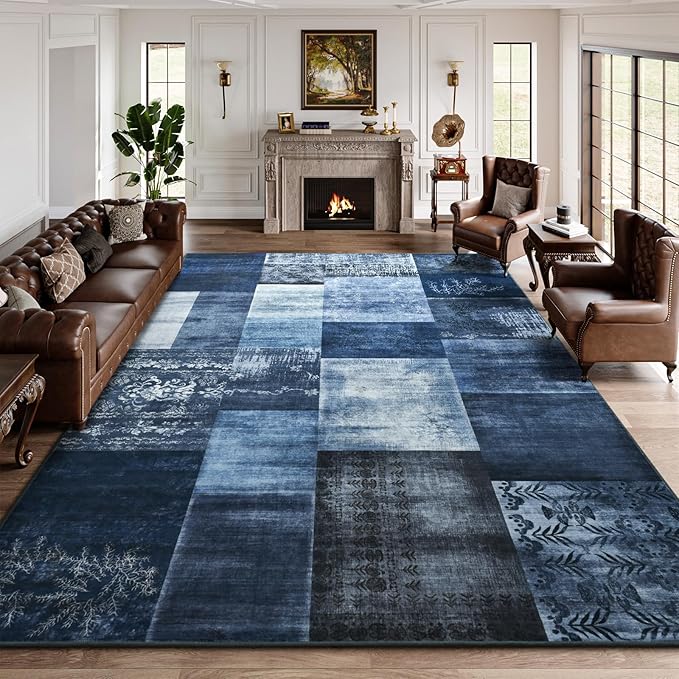 DweIke Washable Area Rugs for Living Room, 4x6 Soft Bedroom Rugs, Geometric Print Non-Slip Modern Rug, Stain Resistant Throw Carpets for Office Nursery Dining Room Home Dorm Decor, Navy Blue