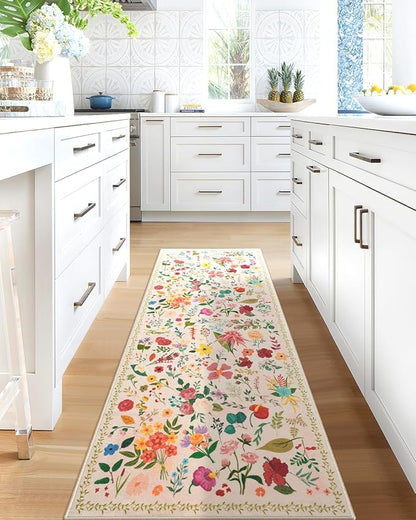 Boho Floral Runner Rug 2x6, Washable Non-Slip Kitchen Rug, Ultra Soft Vintage Carpet for Hallways, Kitchen, Bedroom, Bathroom (Beige)