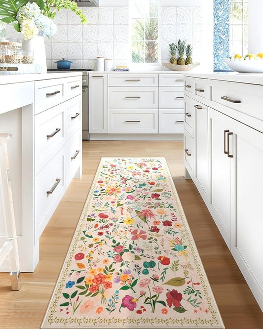Boho Floral Runner Rug 2x6, Washable Non-Slip Kitchen Rug, Ultra Soft Vintage Carpet for Hallways, Kitchen, Bedroom, Bathroom (Beige)