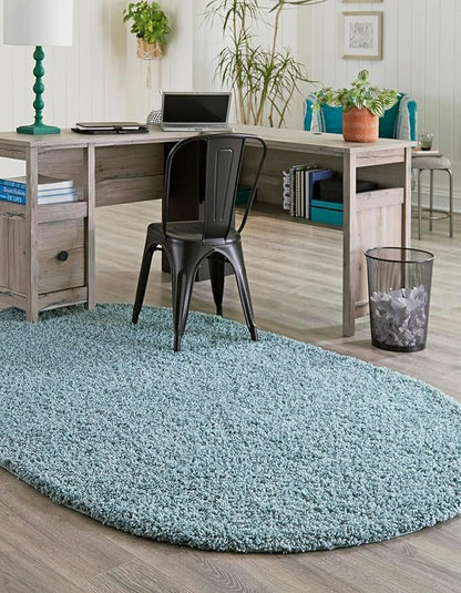 Unique Loom Solid Shag Collection Area Rug (5' 1" x 8' Oval, Light Slate Blue)