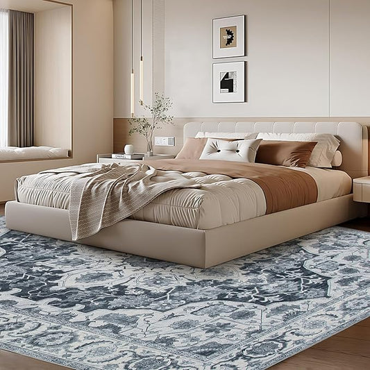 WILLSUN Washable Area Rugs, 9x12 Non-Slip Boho Large Area Rugs for Living Room, Bedroom, Machine Washable Vintage Rug, Indoor Floral Print Carpet for Home Decor, Kid & Pet Friendly Mat