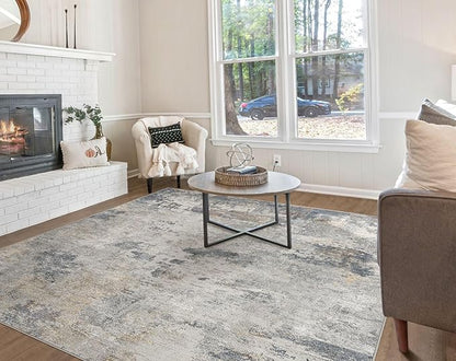 Square Area Rugs : Washable 8x8 Neutral Modern Abstract Carpet for Living Room Bedroom - Soft Floor Mat with Non Slip Backing for Kitchen Nursery Dorms Farmhouse Home Decor - Blue Grey