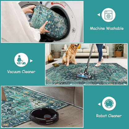 Moynesa Ultra-Thin Washable Vintage Runner Rug - 2'6"x8 Boho Hallway Kitchen Runner Oriental Medallion Bedside Mat Non-Slip Non-Shedding Indoor Throw Carpet for Laundry Entrance, Teal/Mutil