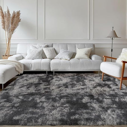 Zentavio Black and Grey Area Rugs for Living Room Large Men Room Carpet 8x10 Bedroom Fluffy Furry Shag Aesthetic Plush High Pile Floor Rug for Kids Room Dorm Home Decor Gray