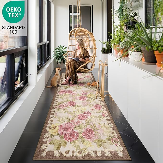2'6''x8' Machine Washable Runner Rug, Kitchen Hallway Area Rug Pink Vintage Boho Floral Ultra Non-Slip Low Pile Soft Faux Wool Carpet, Kids and Pets Friendly for Bedroom Entryway Nursery Decor Rug