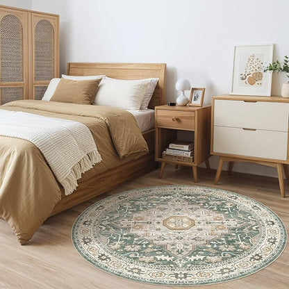 Round Rug Living Room Rugs: 8x8 Washable Boho Neutral Large Circle Soft Indoor Distressed Stain Resistant Floor Farmhouse Carpet for Bedroom Nursery Kids Playroom Office Dining Room Dorm- Green