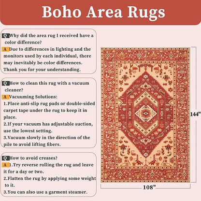 SERISSA 9x12 Area Rugs for Living Room, Large Washable Non-Slip Boho Rug, Ultra Soft Vintage Red Beige Oriental Tribal Print Distressed Carpet for Dining Room Bedroom Dorm Office Home Decor