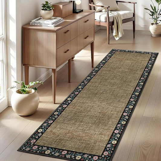 GarveeHome Entryway Rug 2x6 Modern Bordered Runner Rug Washable Kitchen Runners for Hallway Non-Slip Low-Pile Soft Carpet Floral Print Bathroom Mat for Bedroom Laundry Room, Brown