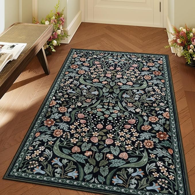 Lahome Floral 3x5 Entryway Rug, Soft Washable Bedroom Area Rugs, Botanical Non-Slip Small Black Carpet for Bedside, Entrance, Dorm, Nursery, Living Room