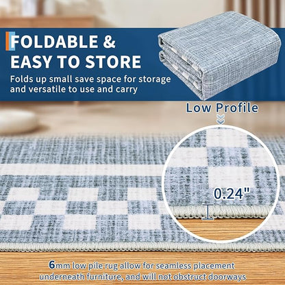 Small Bedroom Area Rug 3x5 Checkered Area Rug for Living Room Nursery Non Slip Kitchen Throw Carpet Low Pile Modern Bordered Rugs Washable Bathroom Mat Soft Brown Rugs for Laundry Entryway, Blue