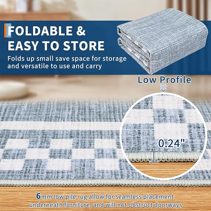Small Area Rug 2x3 Modern Checkered Entry Rug Solid Color Scalloped Kitchen Rugs Washable Bedroom Doormat Non Slip Stain Resistant Bordered Throw Carpet for Living Room Nursery Laundry, Blue