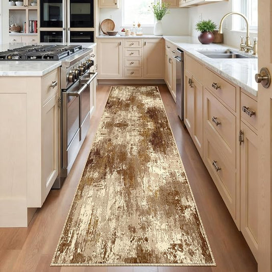 Washable Area Rugs 2'x6' Non-Slip Modern Abstract Soft for Living Room Entryway Bedroom Nursery, Print Pattern, Brown Tan Beige Coffee
