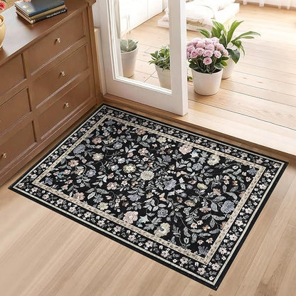 GarveeHome 2x3 Floral Rugs for Entryway, Non-Slip Soft Vintage Throw Door Mat, Low Pile Foldable Farmhouse Carpet, Non-Shedding Indoor Washable Small Rug for Bedroom Kitchen, Black