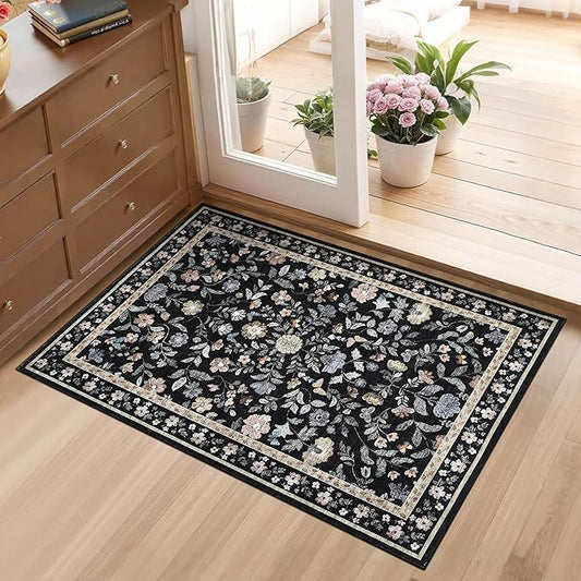 GarveeHome 2x3 Floral Rugs for Entryway, Non-Slip Soft Vintage Throw Door Mat, Low Pile Foldable Farmhouse Carpet, Non-Shedding Indoor Washable Small Rug for Bedroom Kitchen, Black