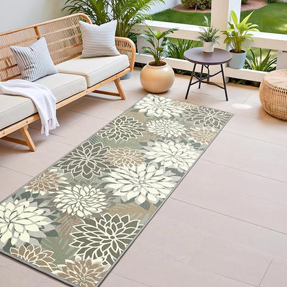 2x6 Washable Runner Rug for Hallway Tropical Botanical Modern Floral Chenille Kitchen Rugs Low Pile Non Slip Carpet for Patio, Bedroom, Laundry, Taupe