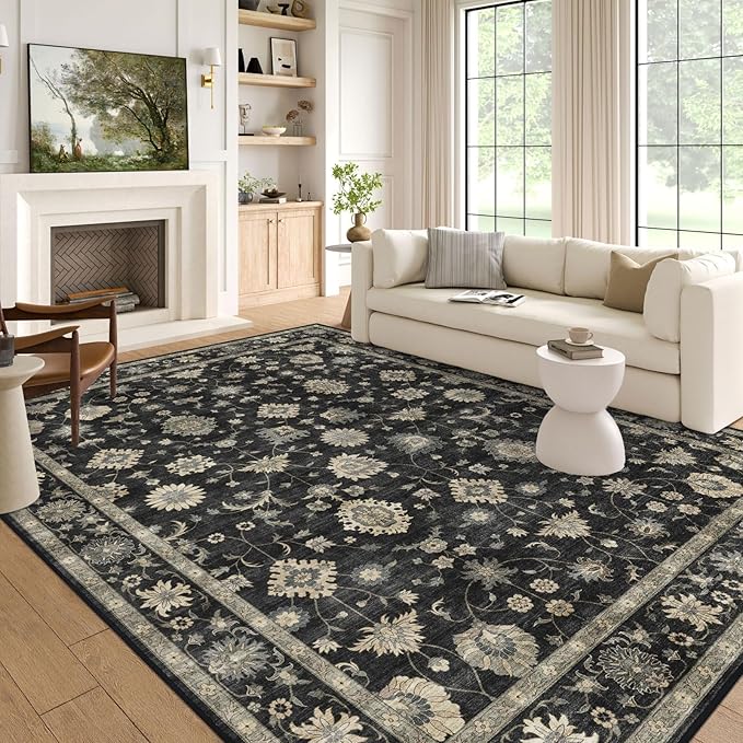 6x9 Area Rug for Living Room - Large Traditional Floral Washable Rugs for Bedroom Non-Slip Charcoal Black Moody Farmhouse Dining Room Rug Low-Pile Carpet Soft Vintage Rug for Office Guest Room