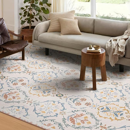 Phantoscope Washable Area Rug 8'x10' Non-Slip, Vintage Floral Boho Rugs for Living Room, Bedroom, DiningRoom, Soft Botanical Moroccan Pattern, Low-Pile Foldable Floor Carpet, Ivory Pink/Boho Garden