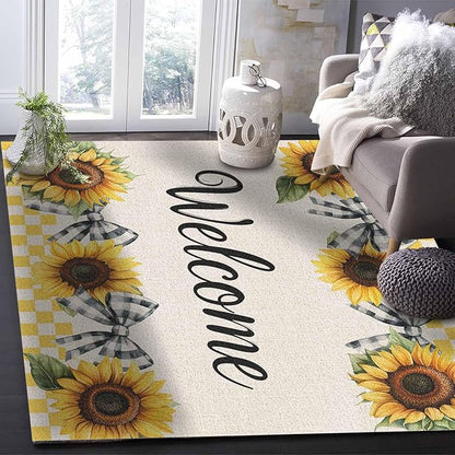 Summer Sunflowers Rectangular Welcome Area Rugs for Living Room Bedroom 5 x 6.9 ft Bow Tie Plaids Non-Shedding Soft Low Pile Rug Rustic Linen Non Slip Washable Rug for Nursery Entryway Playroom