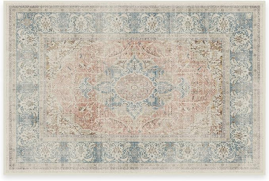 RUGGABLE Washable Vintage Area Rug – Sarrah Coral 2x3, Stain-Resistant, Non-Slip – Small Machine Washable Rugs for Living Room, Bedroom, Hallway, Entryway & Bathroom–with Standard Pad