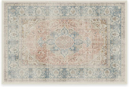 RUGGABLE Washable Vintage Area Rug – Sarrah Coral 2x3, Stain-Resistant, Non-Slip – Small Machine Washable Rugs for Living Room, Bedroom, Hallway, Entryway & Bathroom–with Cushioned Pad