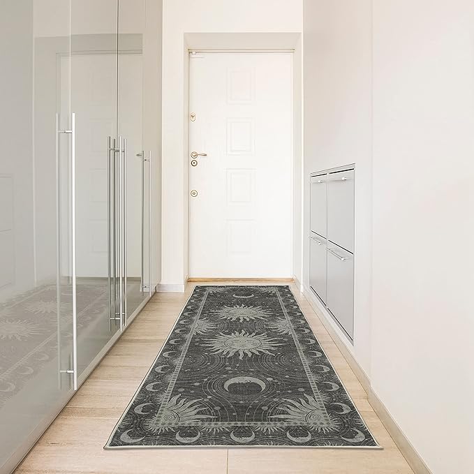 Ambesonne Sun and Moon Decorative Rug, Bohemian Artwork Design of Crescent Solar Ornament Esoteric Stars Ornaments, Quality Carpet for Bedroom Dorm and Living Room, 2' 5" x 7' 5", Sage Green