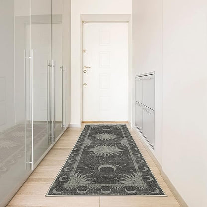 Ambesonne Sun and Moon Decorative Rug, Bohemian Artwork Design of Crescent Solar Ornament Esoteric Stars Ornaments, Quality Carpet for Bedroom Dorm and Living Room, 2' 5" x 7' 5", Sage Green