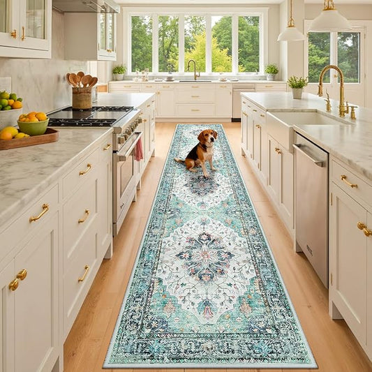 Area Rugs 3'x10' Washable Non-Slip, Floral Vintage Distress Print Pattern Medallion Carpet for Living Room Bedroom Dining Room, Green Navy Blue White Red Teal Colorful