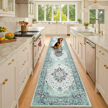 Area Rugs 2'x10' Washable Non-Slip, Floral Vintage Distress Print Pattern Medallion Carpet for Living Room Bedroom Dining Room, Green Navy Blue White Red Teal Colorful